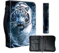 Decahouy Housse de bible pour bibles de 24,1 x 17 cm - Cuir PU imperméable avec fermeture éclair, poignée et porte-stylo - Cadeau chrétien pour homme et femme, tigre blanc avec yeux bleus