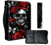 Decahouy Housse de bible pour bibles de 24,1 x 17 cm - Cuir PU imperméable avec fermeture éclair, poignée et porte-stylo - Cadeau chrétien pour homme et femme, tête de mort, roses rouges et papillon