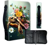 Decahouy Housse de bible pour bibles de 24,1 x 17 cm - Cuir PU imperméable avec fermeture éclair, poignée et porte-stylo - Cadeau chrétien pour homme et femme, tortue mignonne avec fleurs