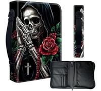 Decahouy Housse de bible pour bibles de 24,1 x 17 cm - Cuir PU imperméable avec fermeture éclair, poignée et porte-stylo - Cadeau chrétien pour homme et femme, squelette avec mains priantes