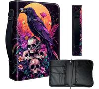 Decahouy Housse de bible pour bibles de 24,1 x 17 cm - Cuir PU imperméable avec fermeture éclair, poignée et porte-stylo - Cadeau chrétien pour homme et femme, corbeau lune et crânes