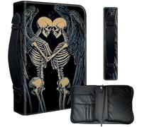 Decahouy Housse de bible pour bibles de 24,1 x 17 cm - Cuir PU imperméable avec fermeture éclair, poignée et porte-stylo - Cadeau chrétien pour homme et femme, deux squelettes anges amoureux