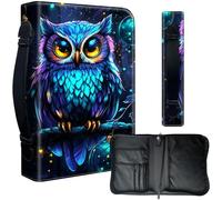 Decahouy Housse de bible pour bibles de 24,1 x 17 cm - Cuir PU imperméable avec fermeture éclair, poignée et porte-stylo - Cadeau chrétien pour homme et femme, jolie chouette violette et bleue