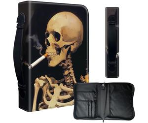 Decahouy Housse de bible pour bibles de 24,1 x 17 cm - Cuir PU imperméable avec fermeture éclair, poignée et porte-stylo - Cadeau chrétien pour homme et femme, squelette fumant