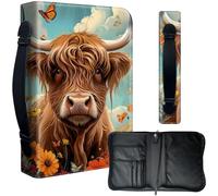 Decahouy Housse de protection pour bibles de 24,1 x 17 cm - Cuir PU imperméable avec fermeture éclair, poignée et porte-stylo - Cadeau chrétien pour homme et femme, vache des Highlands et fleurs