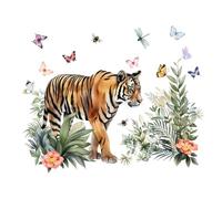Décalcomanies Murales Tigre De La Jungle - Autocollant De Forêt De Dessin Animé À Décoller Et À Coller, Autocollant De Pépinière De Safari Animalier, Art Mural De Chambre D'enfant | Motif Papillon Et