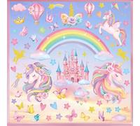 decalmile Autocollants Fenêtre Arc en Ciel Licorne Stickers Château Fleurs | Anti-Collision, Electrostatique pour Verre, Impression Recto-verso, Les Deux Côtés Bien Visibles, Imperméable, Amovible