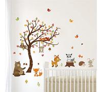 decalmile Stickers Muraux Animaux des Bois Arbre Autocollant Mural Chouette Renard Cerf Décoration Murale Chambre Enfants Bébé Pépinière (H: 79cm)