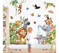 decalmile Stickers Muraux Enfant Animaux de la Jungle Autocollant Mural Lion Éléphant Zèbre Feuilles Tropicales Décoration Murale Bébé Pépinière Chambre Enfants