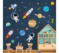 decalmile Stickers Muraux Espace Planete Autocollant Mural Fusée Astronaute Étoiles Décoration Murale Chambre Enfants Bébé Pépinière Salon