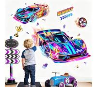 decalmile Stickers Muraux Grand 3D Voiture de Course Autocollant Mural Véhicule Coloré Jeux Décoration Murale Chambre Garçon Salle de Jeux