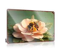 Decaor Panneau en étain avec inscription « Close-Up Of Bee Pollinating A Pink Flower on Green Background » (30 x 40 cm)