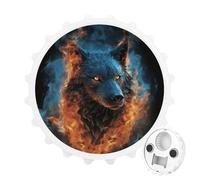 Décapsuleur magnétique, aimant rond de réfrigérateur de 7,9 cm, design amusant en forme de chapeau de bière, tête de loup dans des flammes bleues, décapsuleur pour cuisine, bar, bureau