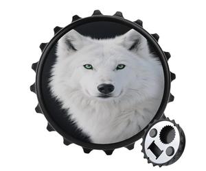 Décapsuleur magnétique en forme de loup blanc froid aux yeux verts pour réfrigérateur, décapsuleur rond magnétique pour cuisine et bar, cadeau pour les amateurs de bière