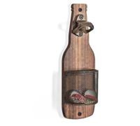 Décapsuleur mural en bois avec récupérateur de bouchon en maille métallique, forme de bouteille de bière rustique, 25 cm