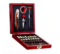 Décapsuleur professionnel avec thermomètre à vin, bouchon de bouteille, anneau anti-goutte et coffret cadeau en bois (Rouge)