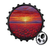 Décapsuleur rond avec motif coucher de soleil rouge sur le champ de coquelicots pour réfrigérateur, cuisine, bureau