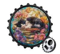 Décapsuleur rond en forme de chat noir et blanc endormi sur des livres - Aimants ronds pour réfrigérateur, cuisine, bureau