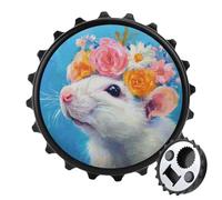 Décapsuleur rond en forme de rat portant une grande couronne de fleurs - Aimants de réfrigérateur - Ouvre-bouteille magnétique - Pour réfrigérateur, cuisine, bureau
