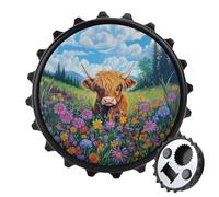 Décapsuleur rond en forme de vache des Highlands dans un champ de fleurs - Aimants de réfrigérateur - Pour boissons, bières, bouteilles magnétiques - Pour réfrigérateur, cuisine, bureau