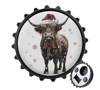 Décapsuleur rond en forme de vache des Highlands portant un chapeau de Noël rouge et un nœud papillon pour réfrigérateur, cuisine, bureau