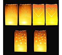 DECARETA 30 Pcs Sac à Bougie Lumière de Thé 3 modèles en Papier Ignifuge Bougie LED pour Decoration Maison/Mariage/Anniversaire/Fête/BBQ/Noel/halloween(Grand Coeur, Lune et Étoilée, Soleil)