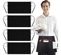 DECARETA 4 PCS Tablier Serveur Court Avec 3 Poches - Demi-Tablier de Cuisine 60 * 30cm - Étanche, Noir - Pour Chef, Restaurant, Boulangerie, Bar, Barbecue