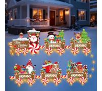DECEED Lot de 6 panneaux de Noël en forme de train avec lumières LED, décorations d'extérieur en pain d'épices avec piquets, Père Noël, bonhomme de neige, jardin, cour, pelouse, patio, décoration