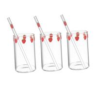 DECHOUS 3 ensembles Set de Verres Larges Verre Borosilicaté Transparent avec Motif Fraise Gobelets pour Eau Lait Jus avec Pailles Réutilisables Adaptés Maison Bureau Restaurants