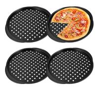 DECHOUS 4 Pièces Moules à Pizza Ronds Perforés 32cm en Acier au Carbone | Poignées Discrètes, Trous Ronds, Chauffe Rapide et Homogène, Nettoyage Facile, Noir