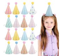 DECHOUS Chapeaux D'anniversaire en Papier Pompons, Assortiment de 16 Pièces Multicolores, Chapeaux Coniques Festifs pour Garçons et Filles, Accessoires Déco Fête et Carnaval, Fournitures