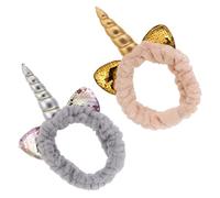 DECHOUS Lot de 2 Bandeaux Élastiques Licorne en Corail et Gris Sequins, Oreilles Argentées et Dorées, Serrage-tête Doux en Polaire pour Maquillage, Sport et Soin du Visage, Accessoire
