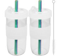 DECHOUS Lot de 2 Gobelets Verre Couvercle et Paille Silicone, Réutilisables pour Smoothie, Jus et Bubble Tea, Adaptés pour Usage Quotidien la Maison Bureau