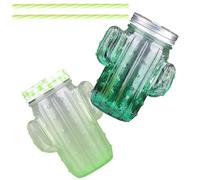 DECHOUS Lot de 2 Sets de Sets de Tasses en Verre Couvercle en Bois Forme Cactus, Capacité 400ml, Design Créatif et Pratique Cuisine Famille Couleur Réutilisable Couleur Aléatoire