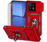 Dechyi Coque pour Xiami 13 5G avec Verre TrempéLentille Coulissante Couverture Support d’Anneau Rotatif Armor Silicone Étui Antichoc Housse Bumper- Rouge