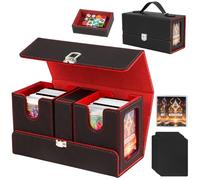 Deck Box MTG / TCG 3-en-1 - Boîte de Rangement Cartes 200+ Double Sleeves, 2 Deck Box avec Plateau à Dés et Fenêtre Commandant, Porte Cartes à Collectionner en Cuir PU Magnétique, noir et rouge