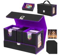 Deck Box MTG / TCG 3-en-1 - Boîte de Rangement Cartes 200+ Double Sleeves, 2 Deck Box avec Plateau à Dés et Fenêtre Commandant, Porte Cartes à Collectionner en Cuir PU Magnétique, noir et violet