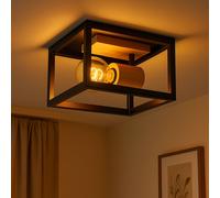 Plafonnier Rétro Lampe en bois Plafonnier noir Structure Spot de plafond réglable, métal naturel 1x E27, HxLxB 14,5x22x22 cm