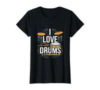Déclaration de Percussion « I Love Drums » T-Shirt Graphique avec Valeur, Femme, Noir, L