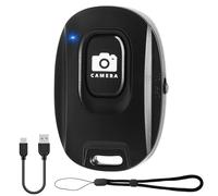 Déclencheur automatique Bluetooth 5.2 pour iOS & Android - Télécommande rechargeable pour photos et vidéos avec bouton selfie, câble de charge USB et dragonne - Noir
