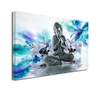DECLINA Tableau Ambiance Zen Bouddha ET Fleurs - Impression sur Toile décoration Murale Zen - Déco Maison, Cuisine, Salon, Chambre Adulte - Turquoise 100x60 cm