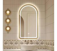 Decmiroor 60 * 100 cm Miroir de Salle de Bain Doré avec Éclairage, 3 Couleurs, Français LED Miroir Cosmétique Arqué, Anti-buée, Miroir Décoratif avec Cadre en Métal(Gold,28 * 51in)