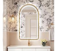 Decmiroor Miroir de Salle de Bain Arqué élégant, 70x130cm Miroir Cosmétique Lumineux, Français Doré Miroir Mural avec Éclairage LED, Désembuage, Cadre en Métal(60x120cm/24x48in)
