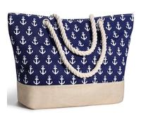 Decmoko Sac de Plage Femme, Grand Sacs à Main de Voyage en Toile avec Fermeture à Glissière et Poignée en Corde, Sac Fourre-tout en Été pour Plage Vacances Gym Shopping, Bleu Marine