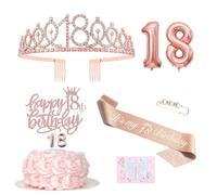 Déco 18e anniversaire fille, couronne et écharpe 18e anniversaire, déco de gâteau et bougies, ballon métallisé or rose 18, fournitures déco fête 18e anniversaire
