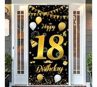 Déco 18e Anniversaire, Noir Or 18 Ans Anniversaire Décoration Porte Fond Birhday Bannière pour Garçon Fille Anniversaire Affiche Bannière de Porte Décoration Murale 185x90cm