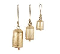 Deco 79 Cloches de Vache décoratives en métal d'inspiration tibétaine avec Corde de Suspension en Jute, Lot de 3 25,4 cm, 20,3 cm, 15,2 cm de Hauteur, doré