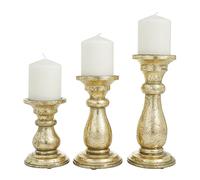 Deco 79 Lot de 3 bougeoirs Traditionnels en Bois de manguier - 25,4 cm, 20,3 cm, 15,2 cm de Haut - Doré
