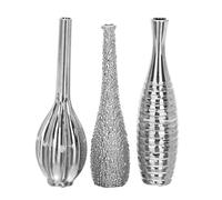 Deco 79 - Lot de 3 vases décoratifs en céramique à col étranglé, Surface texturée arborant différents Motifs, Parfaite décoration d’intérieur, 7,6 x 7,6 x 30,5 cm, argenté