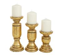 Deco 79 Mango Wood Decorative Candle Holder Turned Style Pillar Candle Stand, Set of 3 Candlestick Holder 10", 8", 6" H, Gold